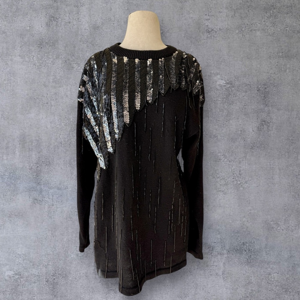 Vtg 80s Lisa Ashley Black Sequin Sweater Beaded Fringe Sz M Oversized *As Is*